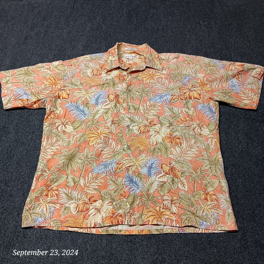 Vintage Pierre Cardin Hawaiian Shirt Men Large Orange Palm Leaves Lightweight